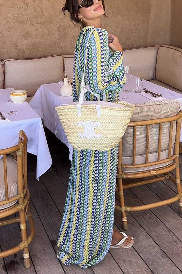 Cardigan Beach Knitted Colorful Wave Print Long Sleeved Vacation Dress