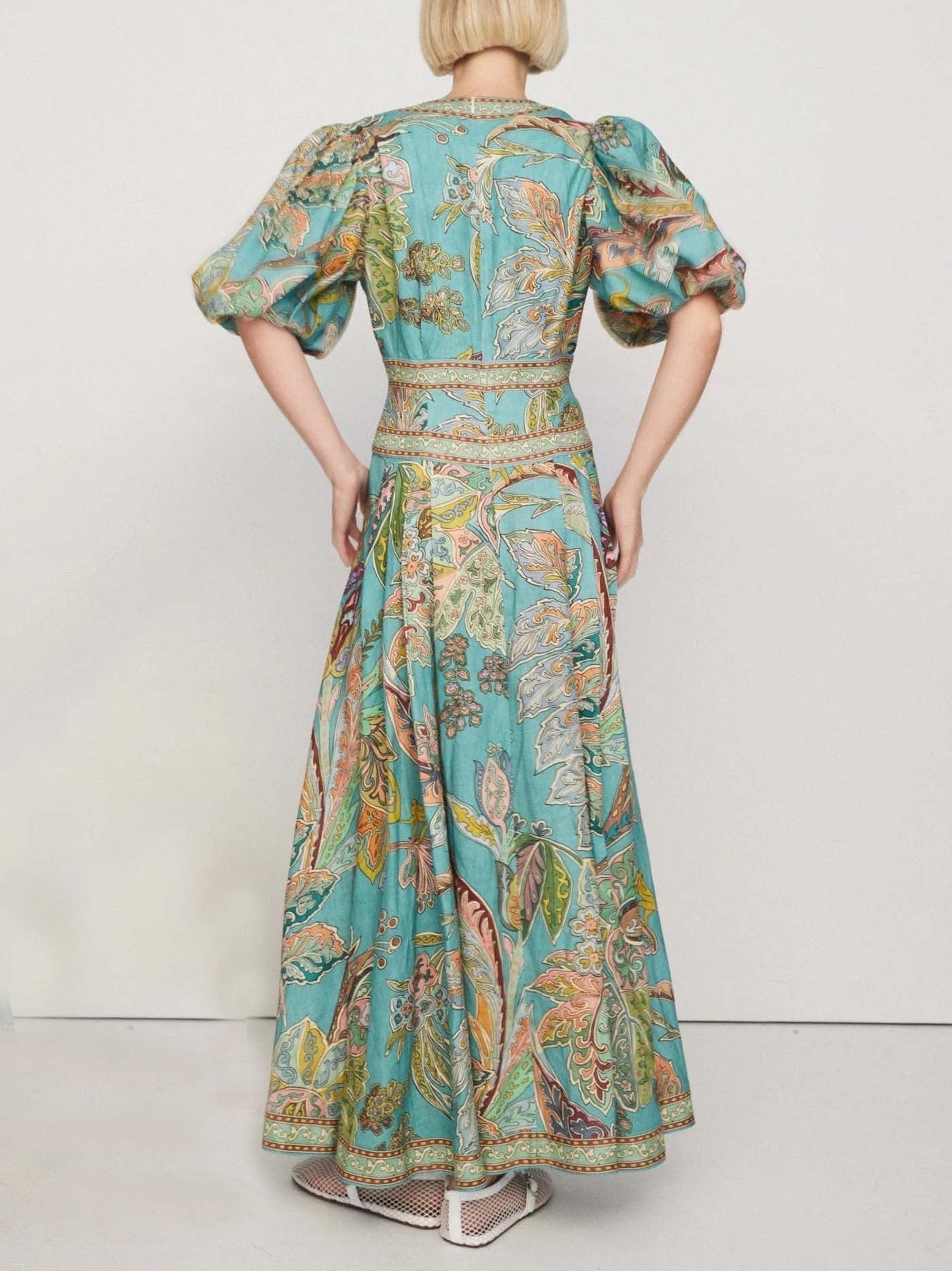 Unique Satin Print Puff Sleeve Midi Dress