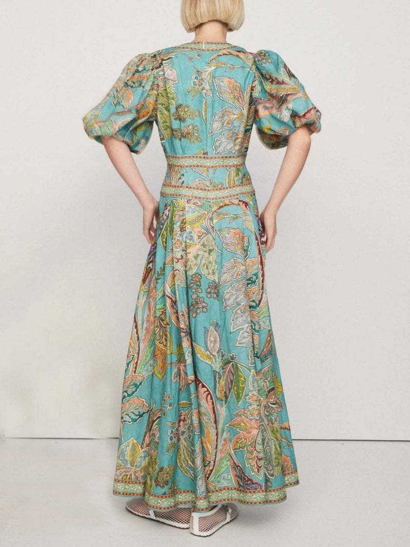 Unique Satin Print Puff Sleeve Midi Dress