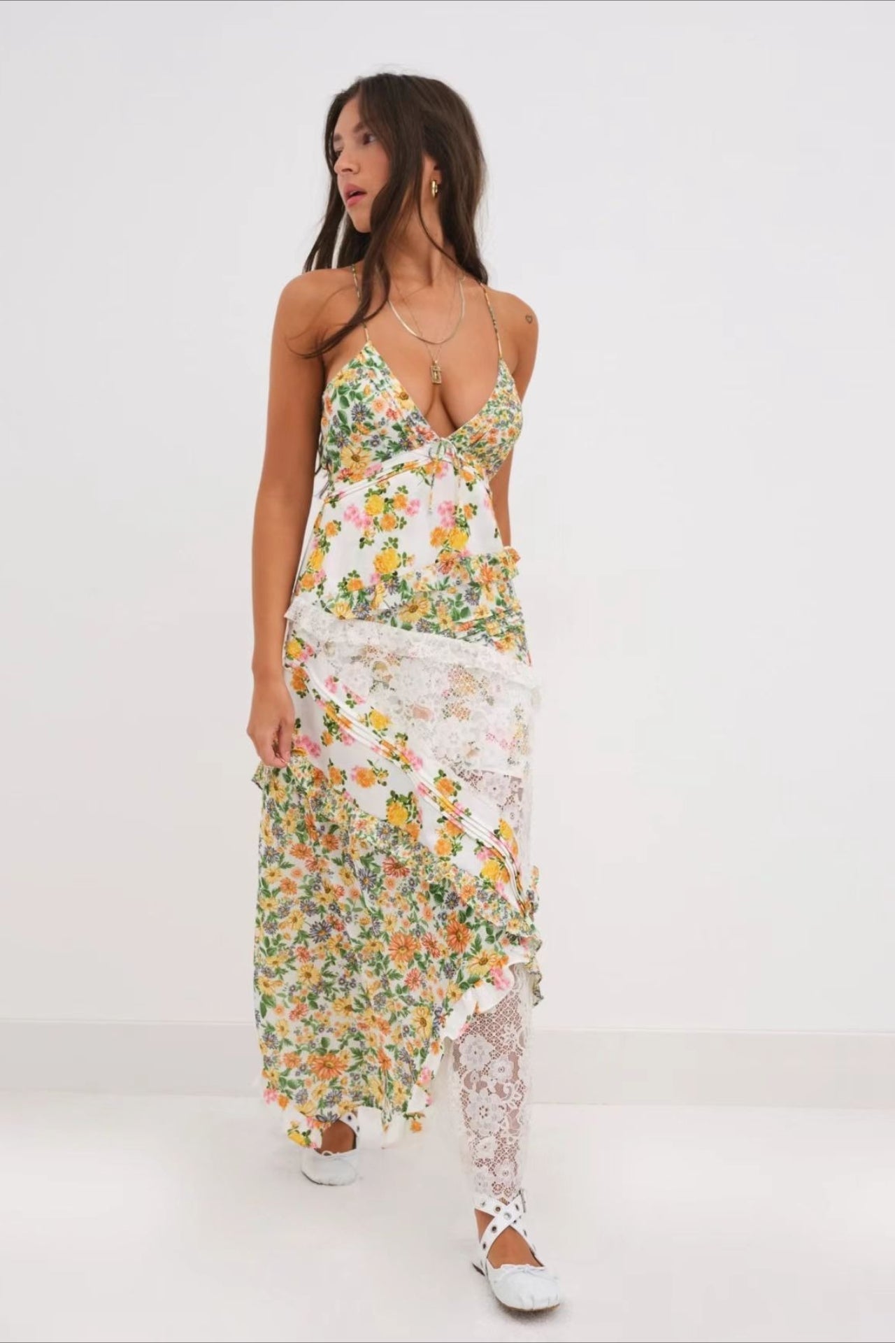 Deep V Ruffle Lace Patchwork Cami Maxi Dress