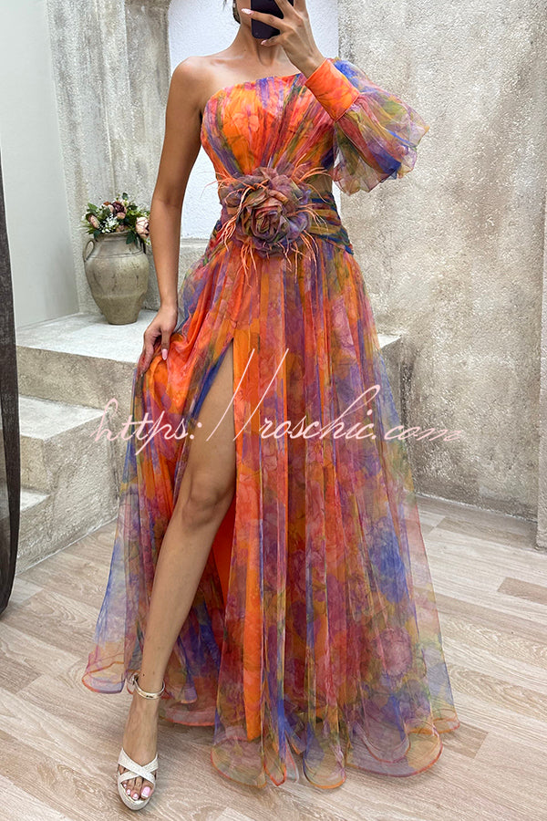 Picturesque Beauty Tulle Pleated One Shoulder Sleeve Slit Maxi Dress