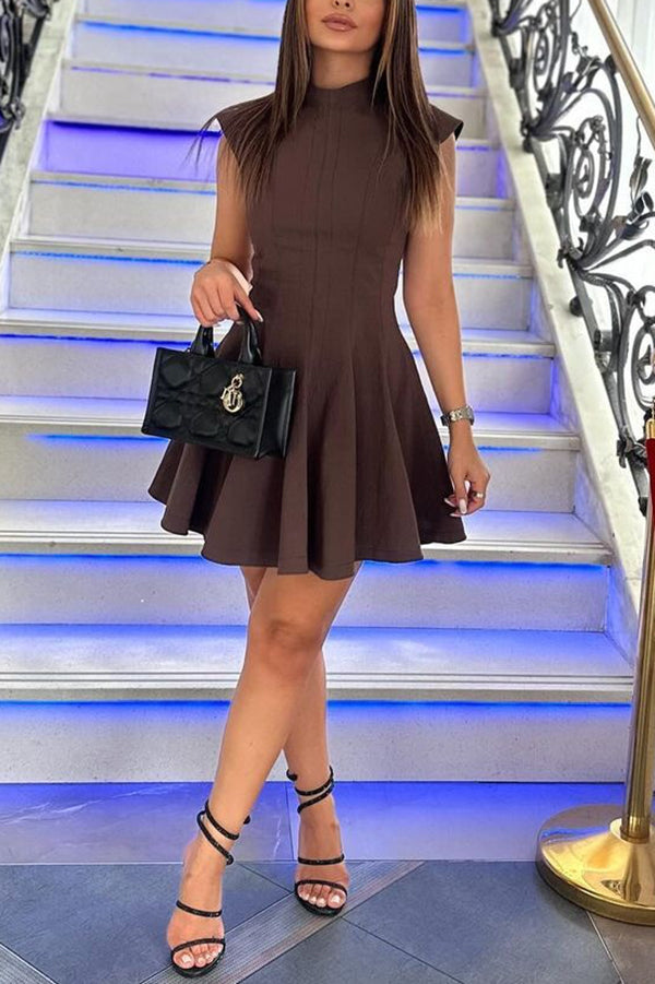Color Round Neck Sleeveless Waist Mini Dress