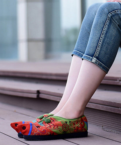 Unique Green Cotton Fabric Flat Shoes for Fish Embroideried Pointed Toe Splicing Flat Shoes
