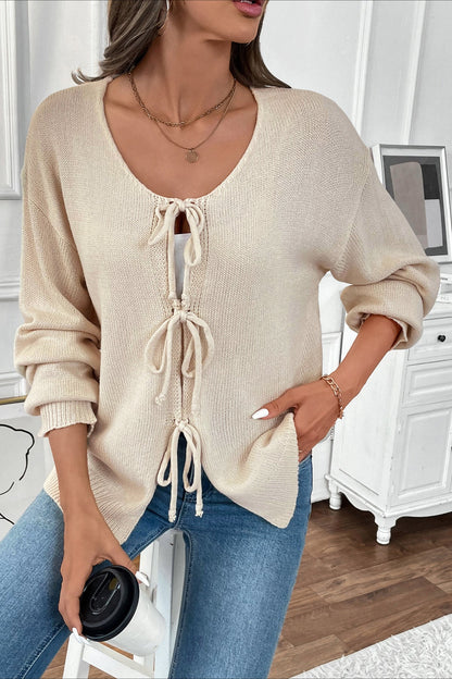 Tie-front Round Neck Color Knit Cardigan