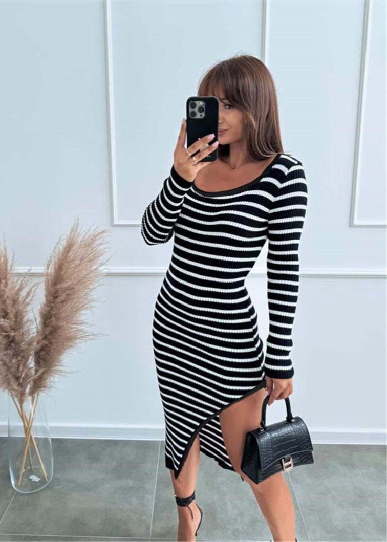 Striped - Side Slit Bodycon Dress