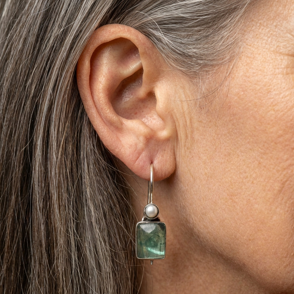 Vintage Green Stone Inlaid Pearl Earrings