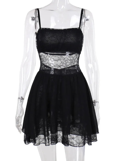 Lace See Through Backless Mini Dress for Spaghetti Strap Sleeveless A-line Loose Dress Party Outfits