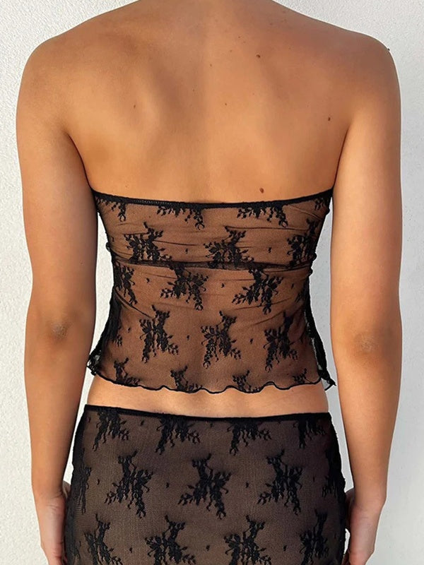 Black Lace Tube Perspective Top&midi Dress Two Piece