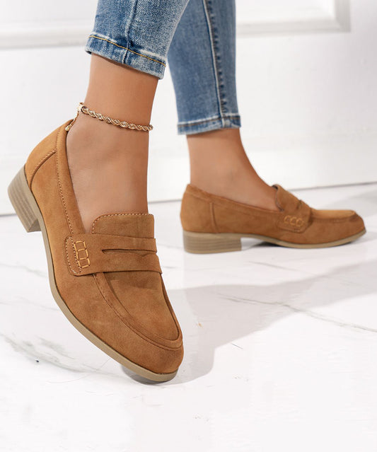 Simple Brown Round Head Suede Low Heel Flats Shoes