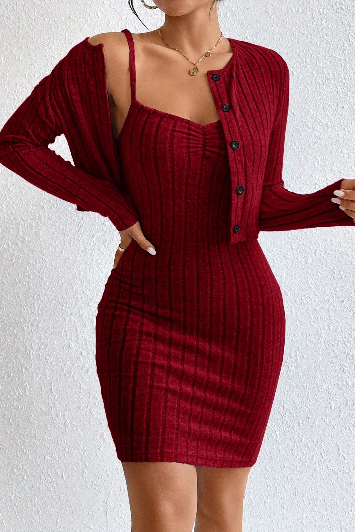 Slim Crop Cardigan Dress Two Piece Set