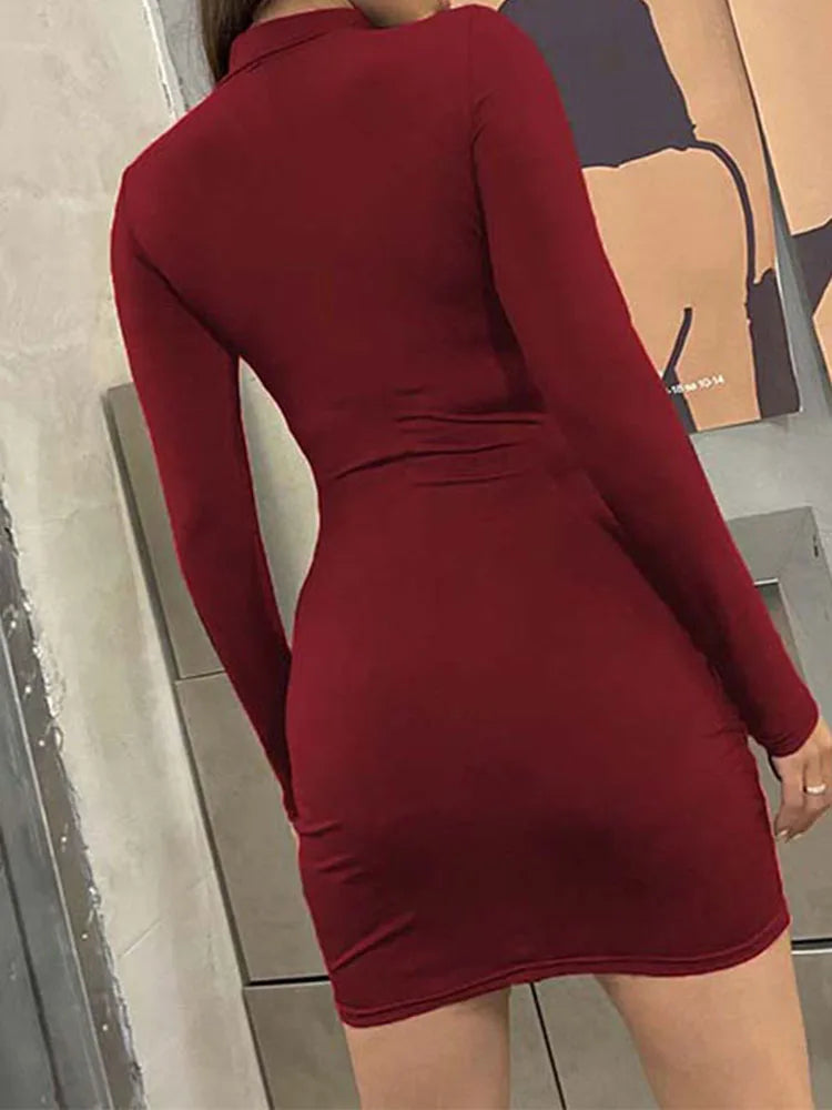 Turtleneck Long Sleeve Skinny Mini Dress Skirt Dresses Chest Slim Pleated Dress
