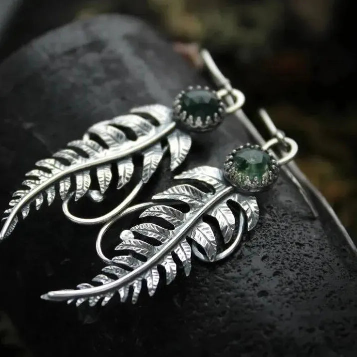 Vintage Feather Green Stone Earrings