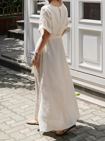 A-line Loose Hollow Color Split-side Tied Waist V-neck Midi Dresses