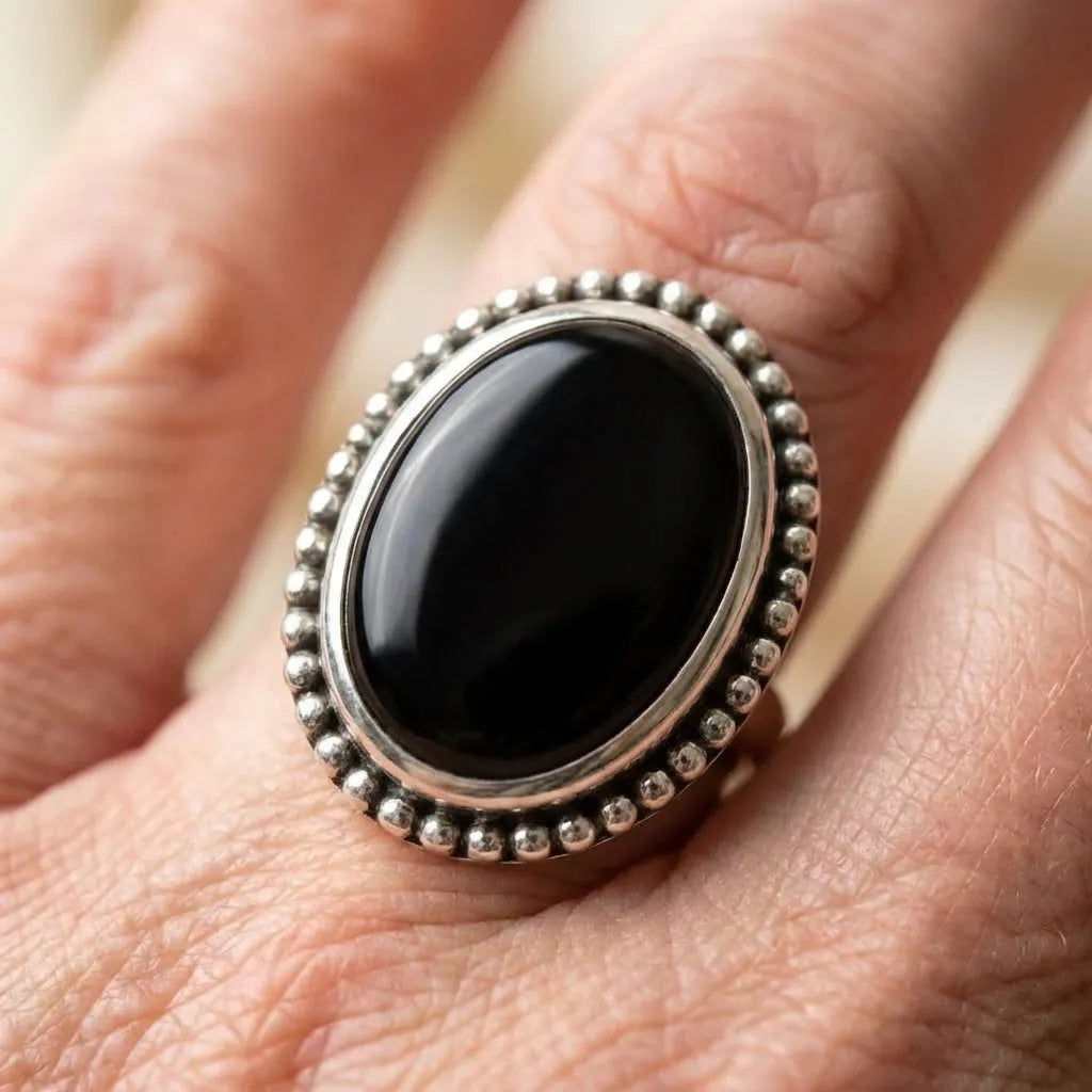Vintage Silver Color Oval Black Stone Ring