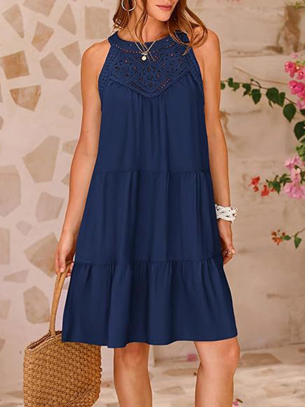 A-line Loose Hollow Pleated Color Split-joint Round-neck Mini Dresses