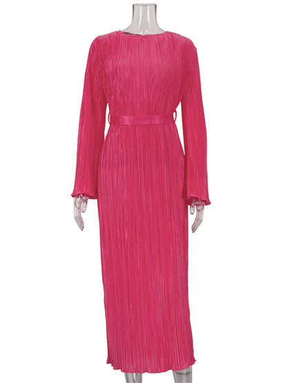Ruffled Lace-up Long Dress Slim Long Sleeve Striped Pleated Party Dress Autumn Gown Female Dress