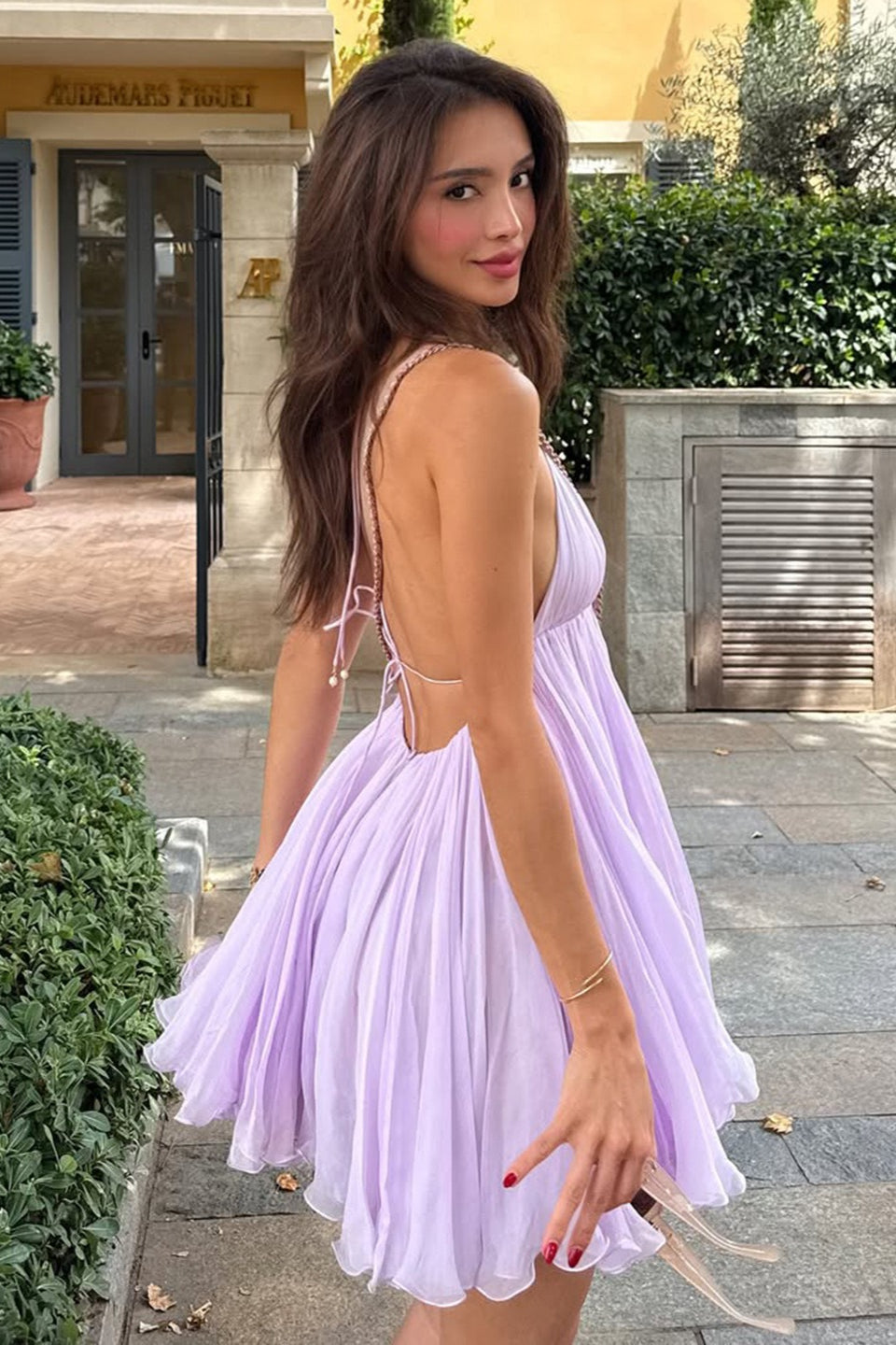 V Neck Tie A-line Ruffled Mini Dress