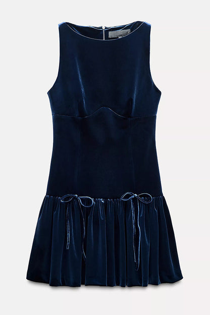 Velvet Bow Embellished Sleeveless Mini Dress