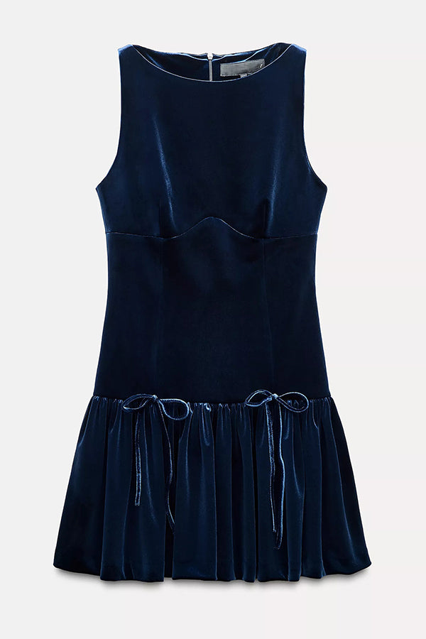 Velvet Bow Embellished Sleeveless Mini Dress