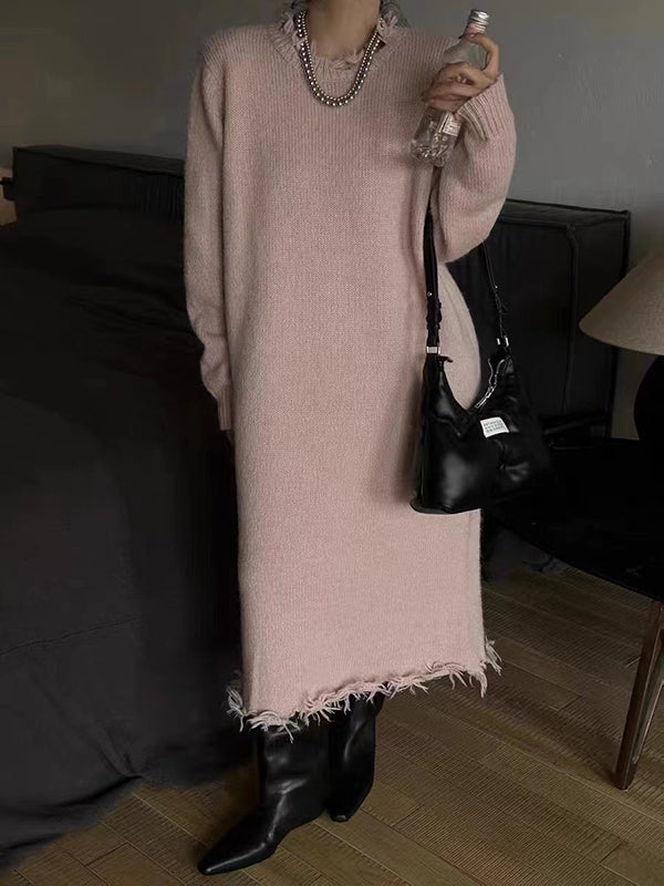 High Waisted Long Sleeves Fringed Color Round-neck Midi Dresses Sweater Dresses