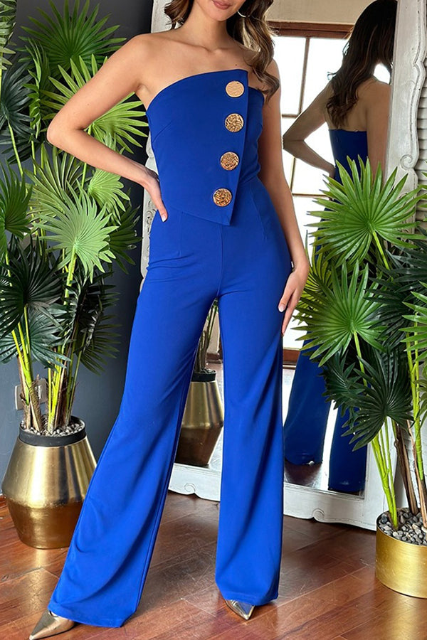 Color Tube Top Gold Button Embellished Bootcut Jumpsuit