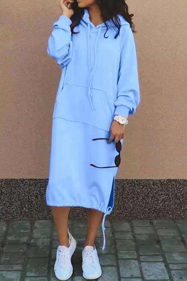 Color Hooded Lace-up Pocket Sweatshirt Style Midi Dress