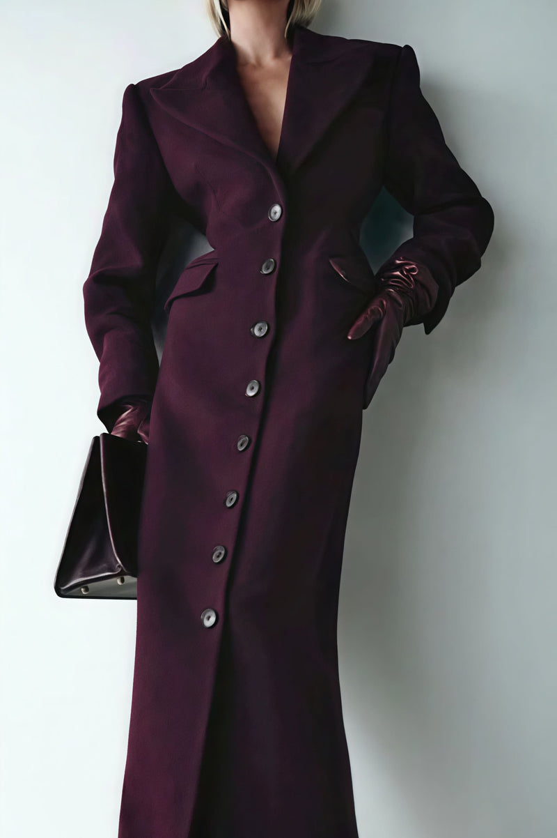 Wool Blend Lapel High Waist Long Overcoat