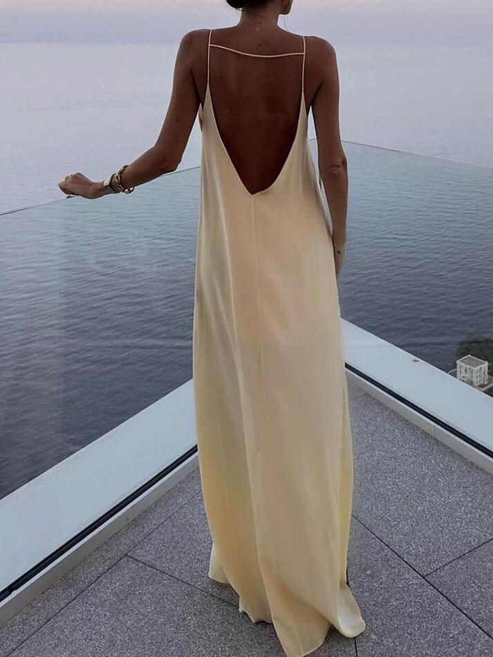 Beige Backless Vacation Long Dress With Crew Neck