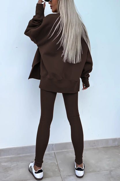 Color Loose Long Sleeve Slitsweatshirt and Elastic Waist Tight Pants Set