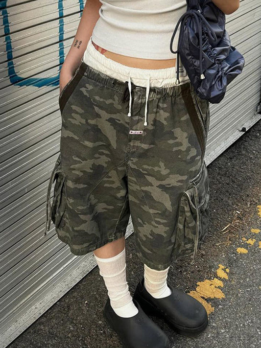 2000s Camouflage Drawstring Denim Shorts With Three Dimensional Pocket