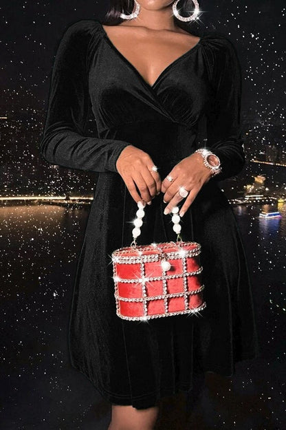 Velvet Long Sleeve V-neck Midi Dress