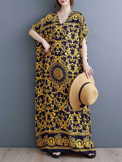 A-line Batwing Sleeves Printed V-neck Maxi Dresses