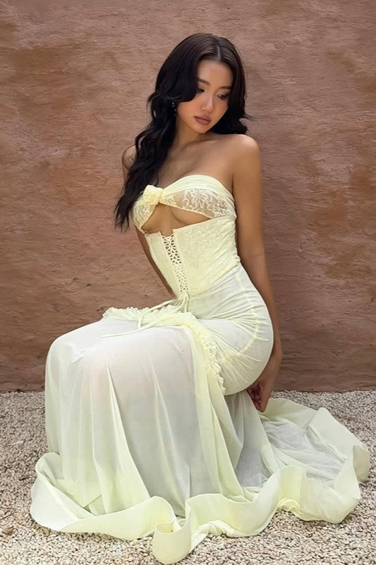 Patchwork Boned Tie Ruched Maxi Dress
