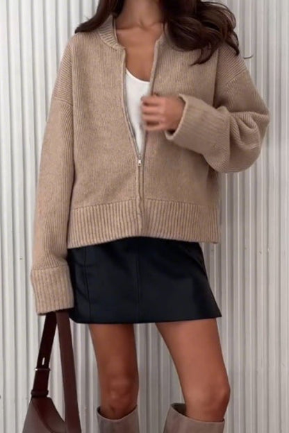Color Zip-up Loose Fit Knit Sweater