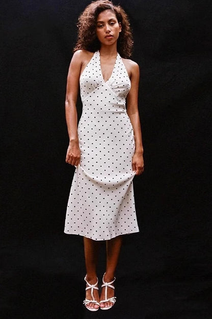Retro Halter V Neck Polka Dot Midi Dress