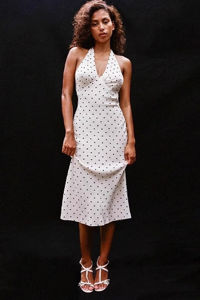 Retro Halter V Neck Polka Dot Midi Dress