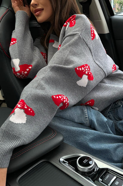 Mushroom Pattern Loose Round Neck Knitted Sweater