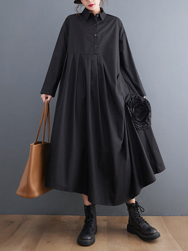 Urban Applique Pleated Long Sleeves Shirt Dress Midi Dress