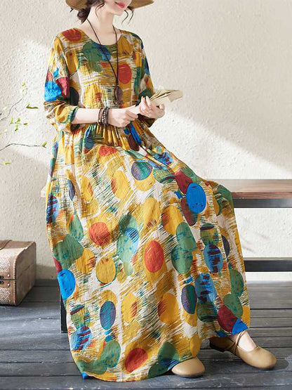 A-line Long Sleeves Pleated Polka-dot Split-joint Round-neck Maxi Dresses