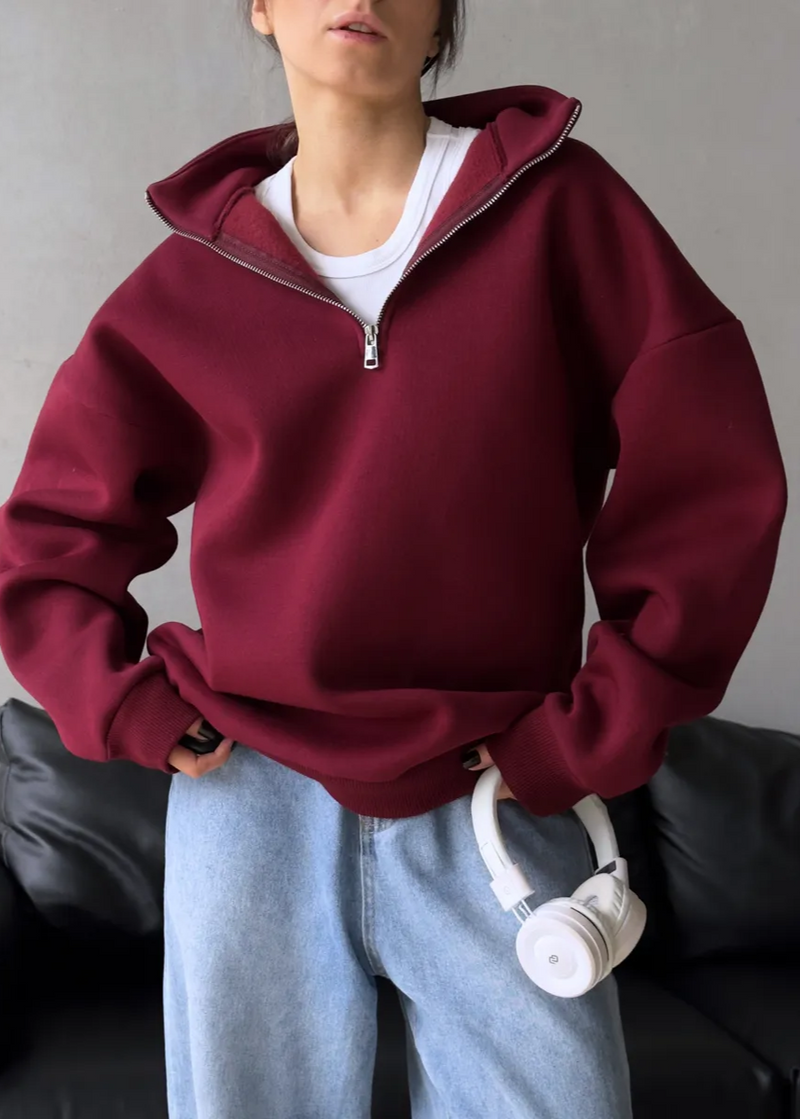 Crimson Chill - Oversized Half-zip Sweatshirt With High Collar