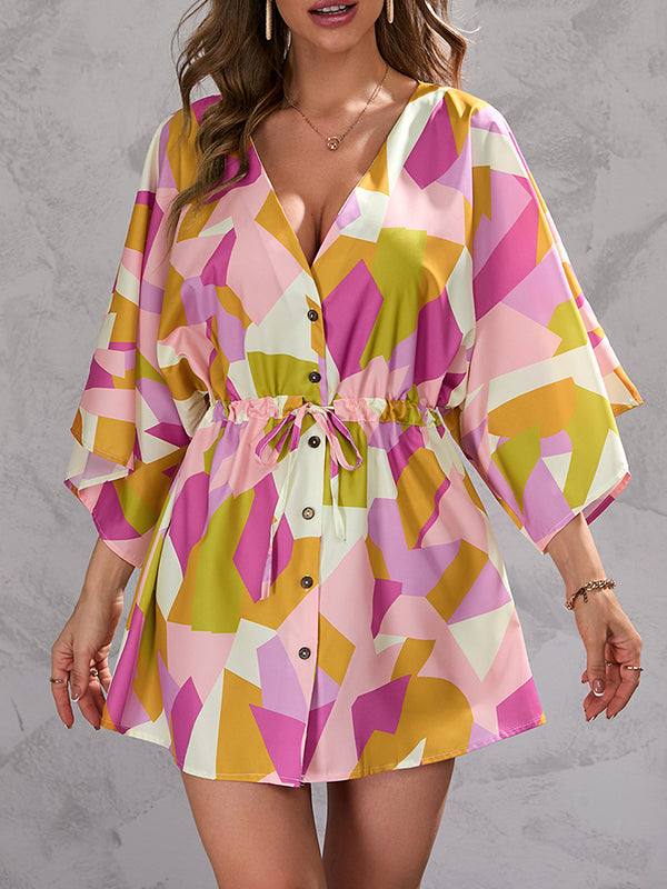 A-line Half Sleeves Buttoned Drawstring Printed V-neck Mini Dresses