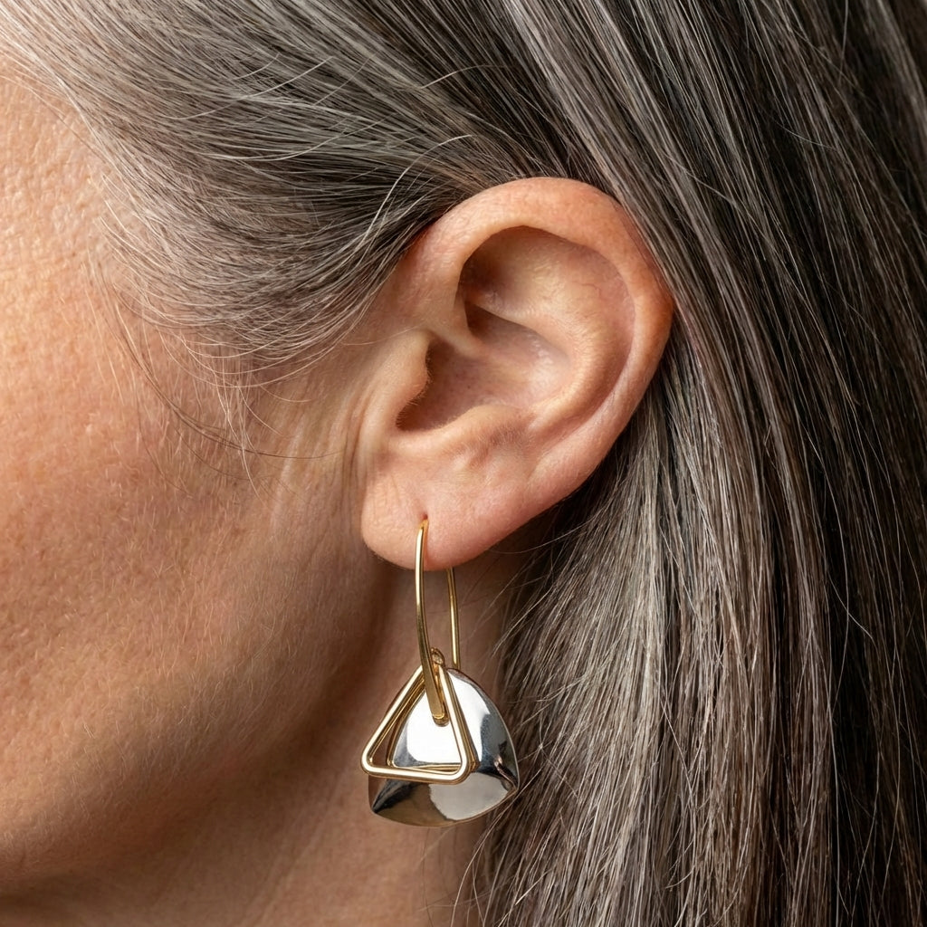 Retro Gold Triangular Silver Pendant & Curved Hook Earrings