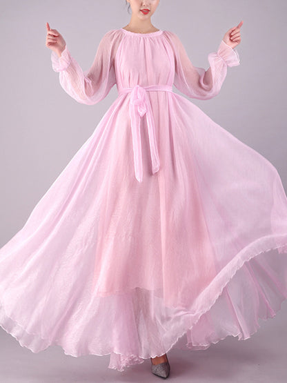 Long Sleeves Loose Falbala Gauze Pleated Color Tied Waist Round-neck Maxi Dresses