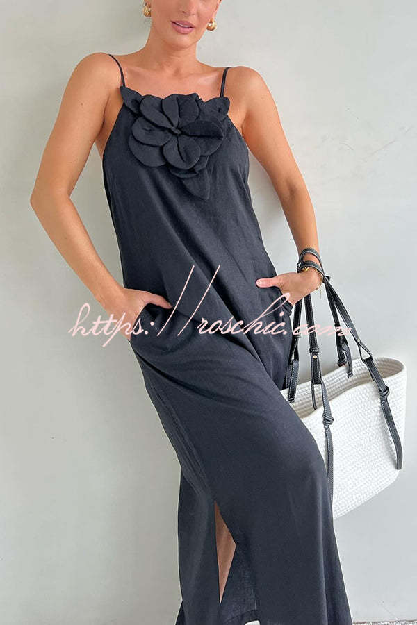 Vacay Ready Linen Blend Embellishment Pocketed Slit Maxi Dress