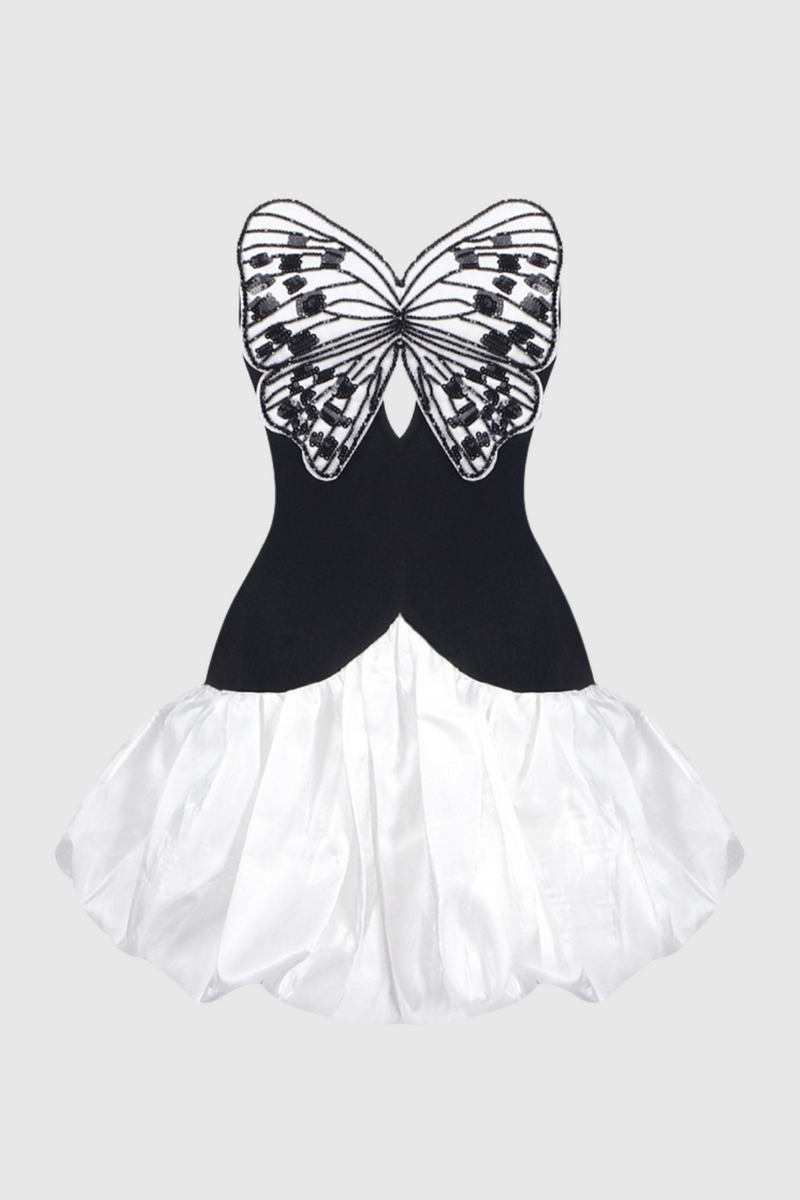 Kaidee Butterfly Strapless Puffy Mini Dress
