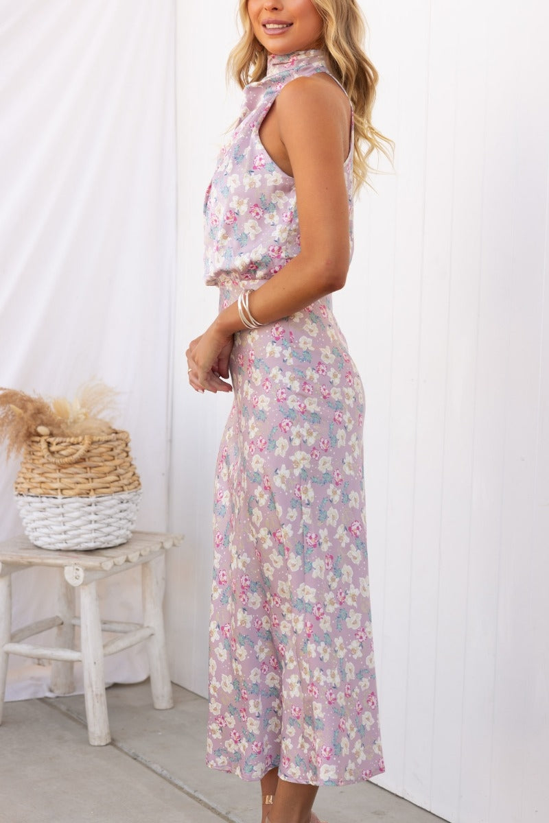 Wine Country Dates Halter Neck Elastic Waist Maxi Dress