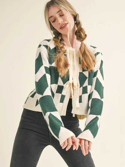 Geometric Print Lace-up Cardigan Sweater