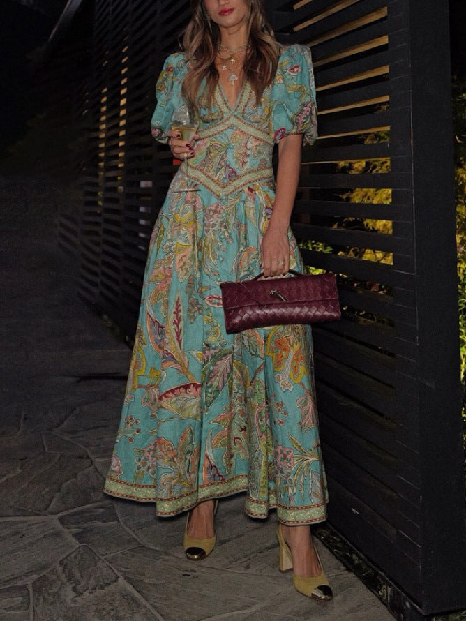 Unique Satin Print Puff Sleeve Midi Dress