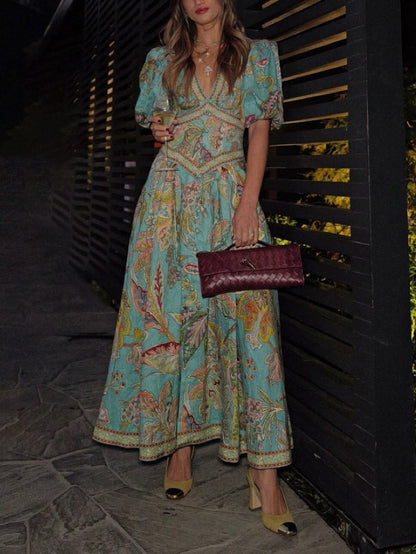 Unique Satin Print Puff Sleeve Midi Dress