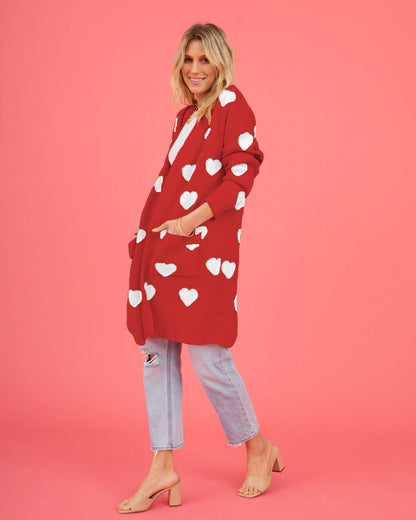 Listen to Your Heart Knit Open Front Cardigan - Red